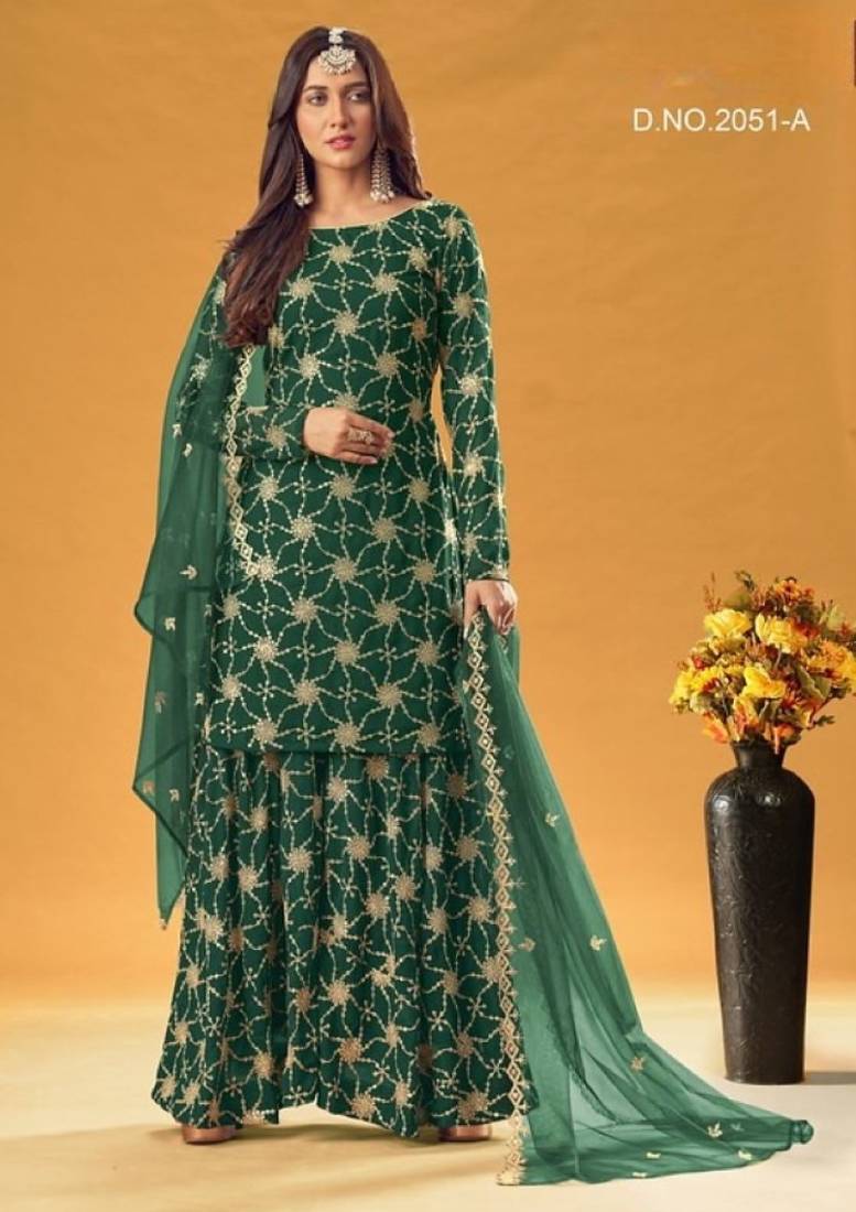 green faux georgette embroidered sequins & mirror work palazzo suit