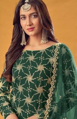 green faux georgette embroidered sequins & mirror palazzo suit 2
