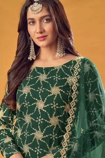green faux georgette embroidered sequins & mirror palazzo suit