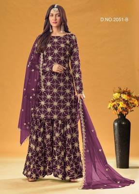 purple faux georgette embroidered sequins & mirror palazzo suit 1