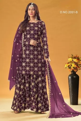 purple faux georgette embroidered sequins & mirror work palazzo suit