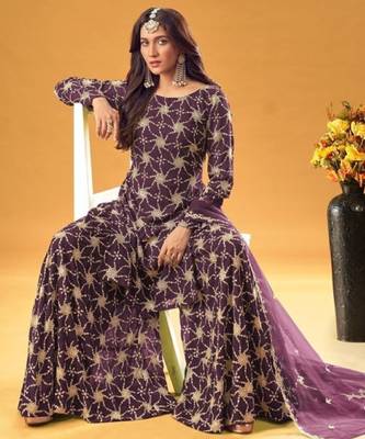 purple faux georgette embroidered sequins & mirror palazzo suit 2