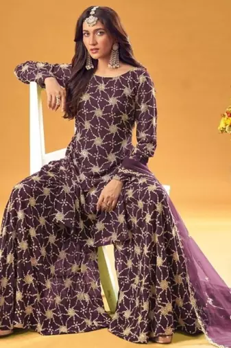 purple faux georgette embroidered sequins & mirror palazzo suit
