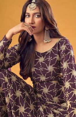 purple faux georgette embroidered sequins & mirror palazzo suit 3
