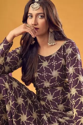 purple faux georgette embroidered sequins & mirror palazzo suit