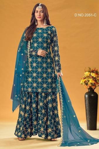 teal blue faux georgette embroidered sequins & mirror work palazzo suit