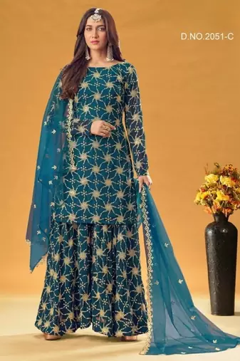 teal blue faux georgette embroidered sequins & mirror work palazzo suit