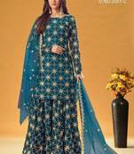 teal blue faux georgette embroidered sequins & mirror work palazzo suit