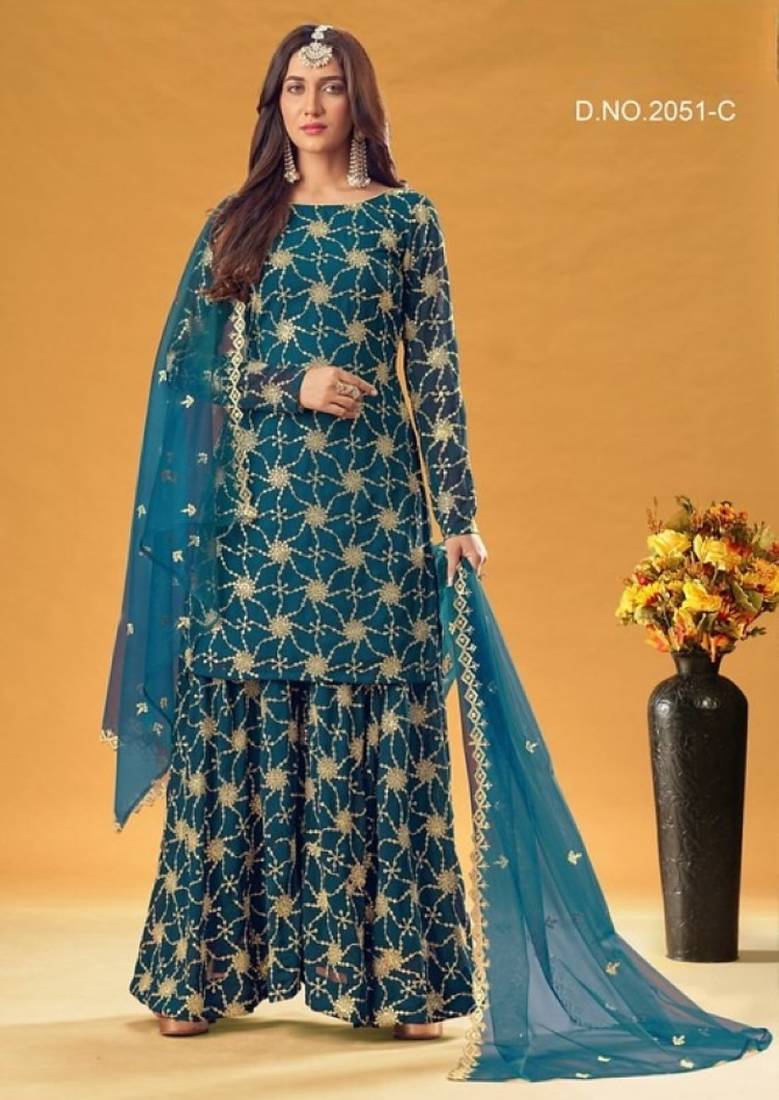 teal blue faux georgette embroidered sequins & mirror work palazzo suit