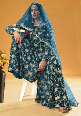 teal blue faux georgette embroidered sequins & mirror palazzo suit 2