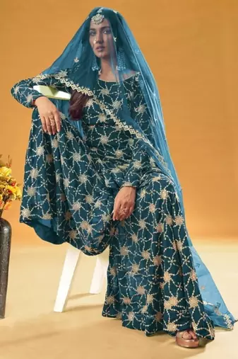 teal blue faux georgette embroidered sequins & mirror palazzo suit