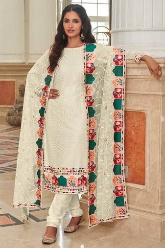 cream faux georgette embroidered sequins & mirror work palazzo suit