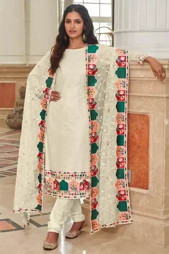 cream faux georgette embroidered sequins & mirror work palazzo suit