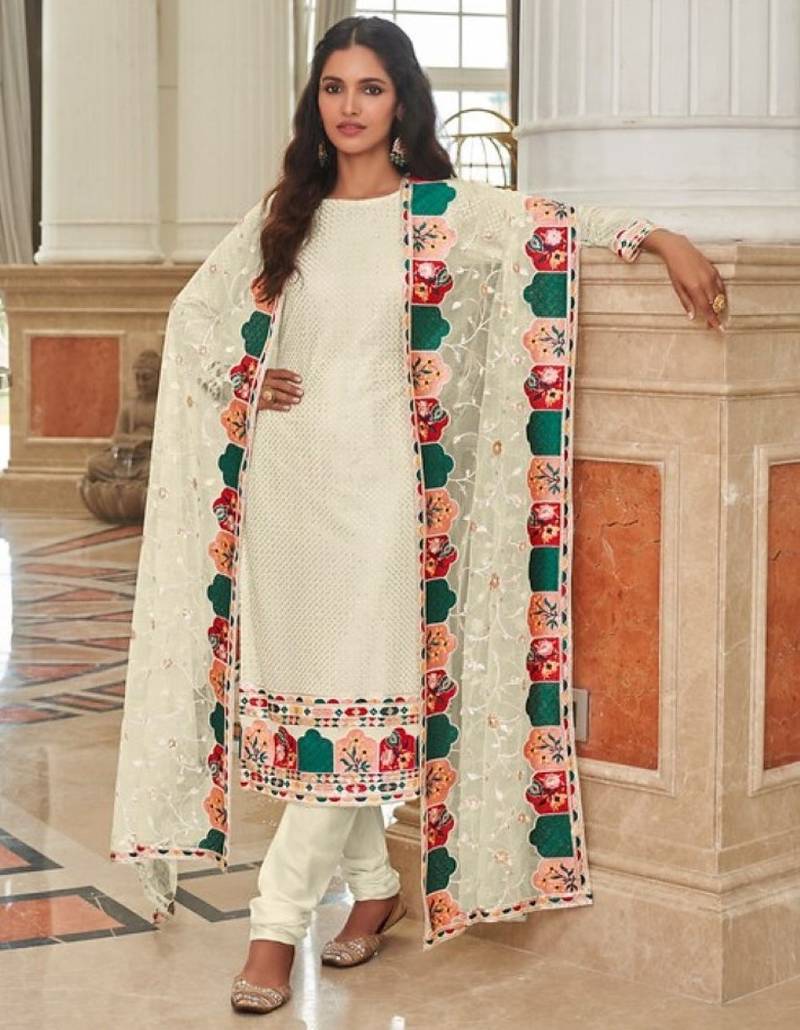 cream faux georgette embroidered sequins & mirror work palazzo suit