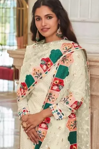 cream faux georgette embroidered sequins & mirror palazzo suit