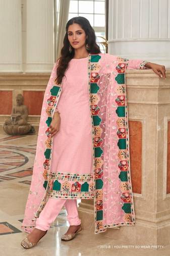 baby pink faux georgette embroidered sequins & mirror work palazzo suit