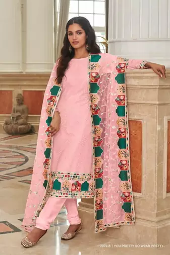 baby pink faux georgette embroidered sequins & mirror work palazzo suit