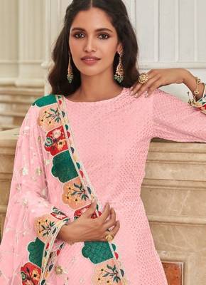 baby pink faux georgette embroidered sequins & mirror palazzo suit 2