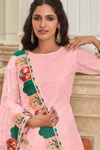 baby pink faux georgette embroidered sequins & mirror palazzo suit