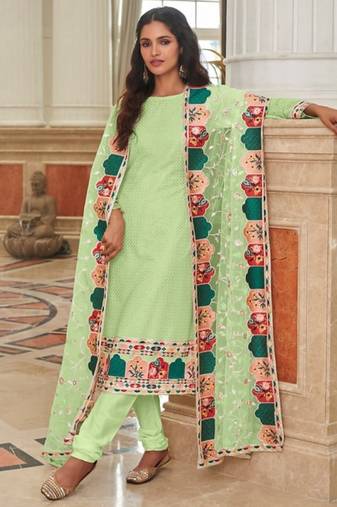 Green faux georgette semi stitched plazzo suit with embroidery & sequins work
