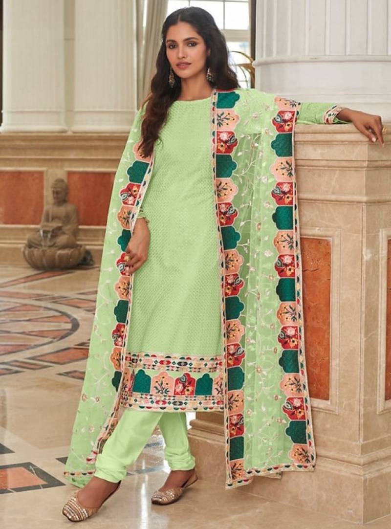 green faux georgette embroidered sequins & mirror work palazzo suit