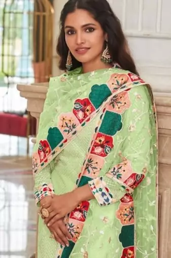 green faux georgette embroidered sequins & mirror palazzo suit