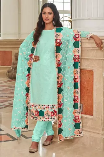 turquoise faux georgette embroidered sequins & mirror work palazzo suit