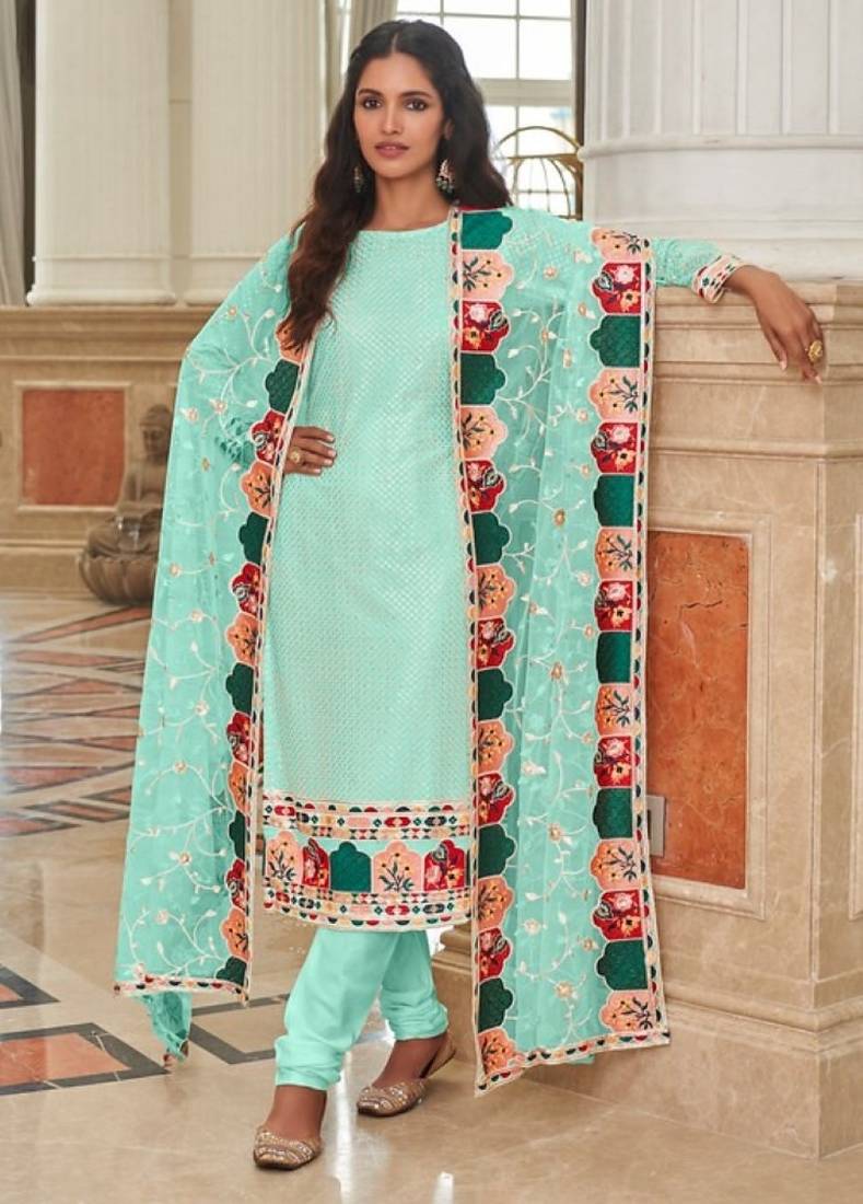 turquoise faux georgette embroidered sequins & mirror work palazzo suit
