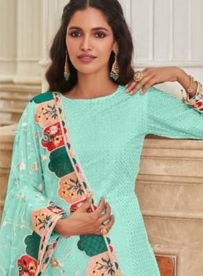 turquoise faux georgette embroidered sequins & mirror palazzo suit 2