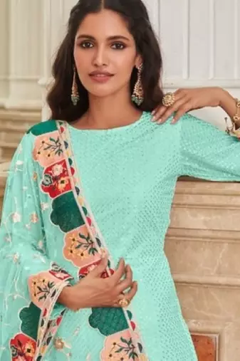 turquoise faux georgette embroidered sequins & mirror palazzo suit