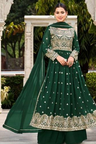 d green faux georgette embroidered sequins & mirror work palazzo suit