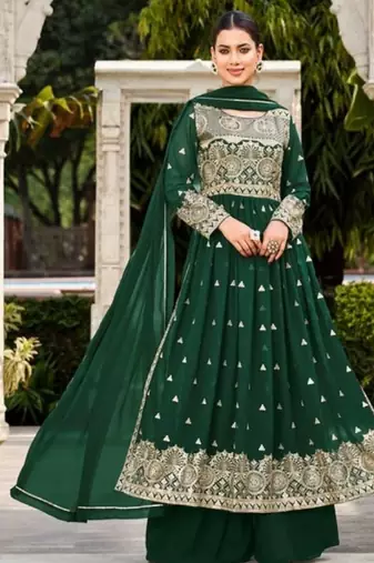 d green faux georgette embroidered sequins & mirror work palazzo suit