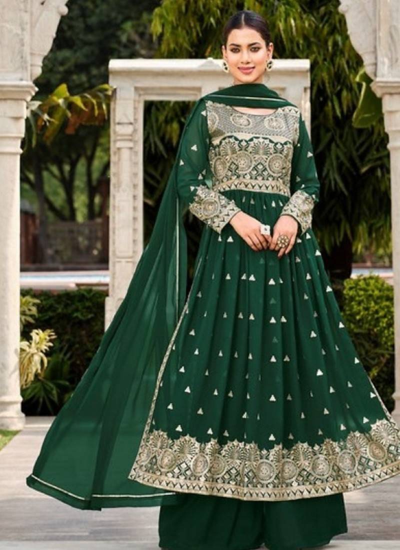 d green faux georgette embroidered sequins & mirror work palazzo suit