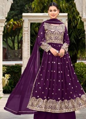 purple faux georgette embroidered sequins & mirror palazzo suit 1