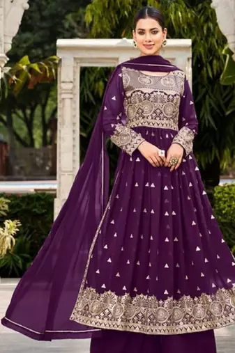 purple faux georgette embroidered sequins & mirror work palazzo suit