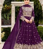 purple faux georgette embroidered sequins & mirror work palazzo suit