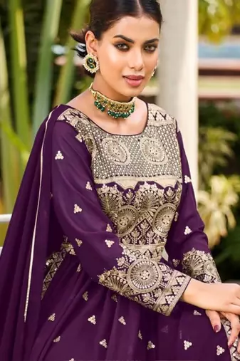 purple faux georgette embroidered sequins & mirror palazzo suit