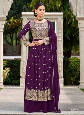purple faux georgette embroidered sequins & mirror palazzo suit 3