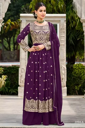 purple faux georgette embroidered sequins & mirror palazzo suit