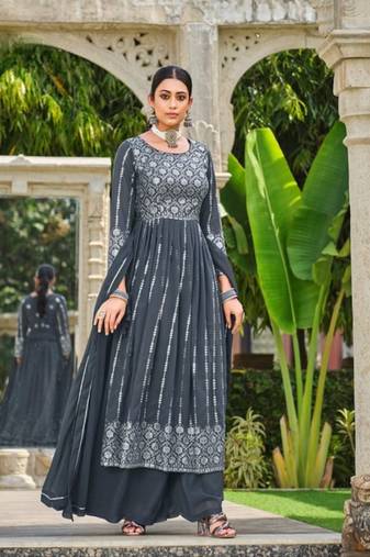 Grey faux georgette semi stitched plazzo suit with embroidery & sequins work