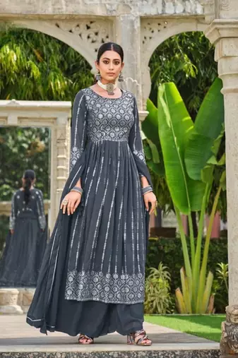 Grey faux georgette semi stitched plazzo suit with embroidery & sequins work
