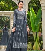 Grey faux georgette semi stitched plazzo suit with embroidery & sequins work