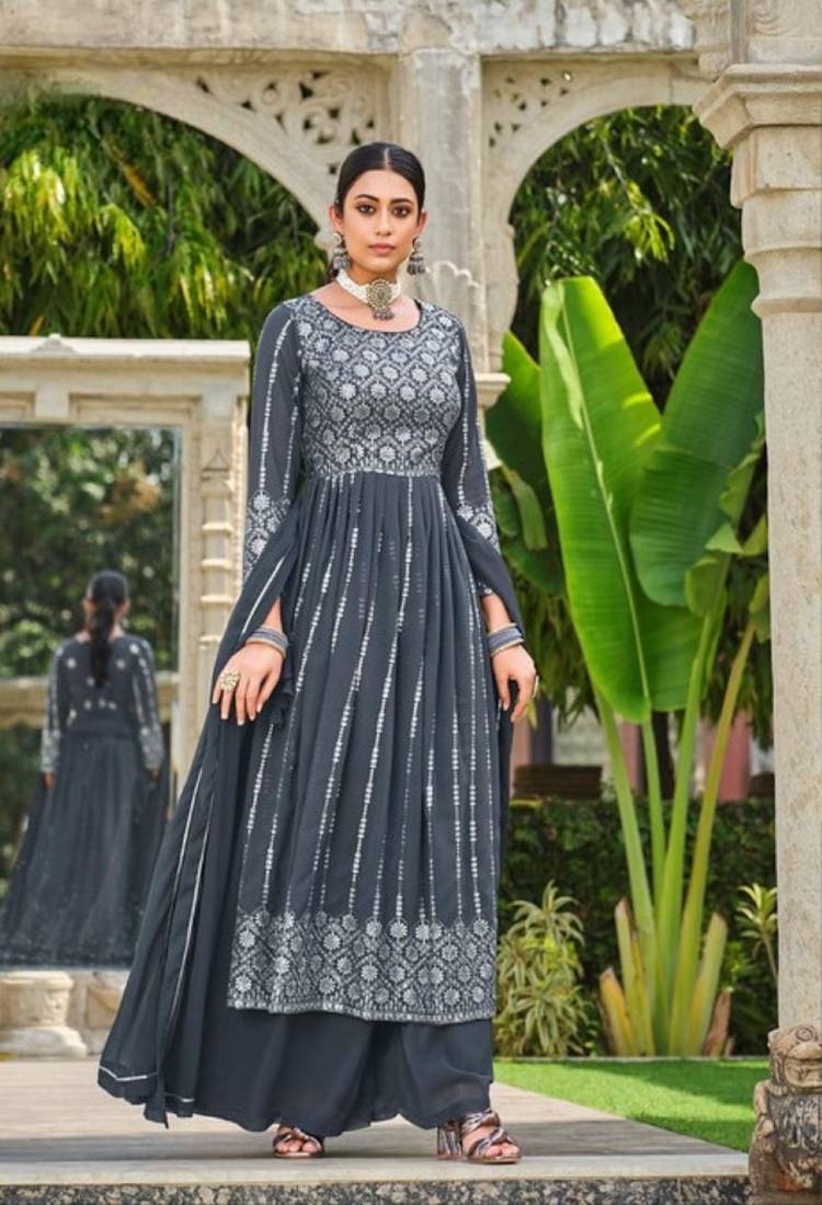 Grey faux georgette semi stitched plazzo suit with embroidery & sequins work