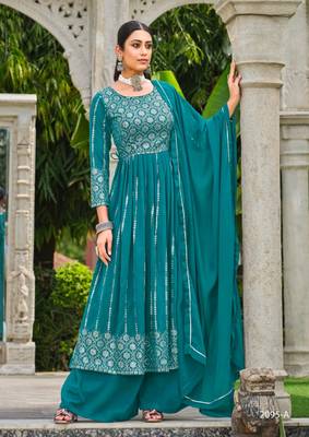 blue faux georgette embroidered sequins & mirror palazzo suit 1