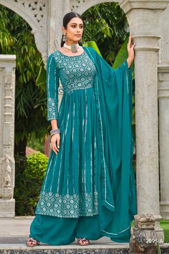 blue faux georgette embroidered sequins & mirror work palazzo suit
