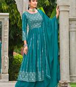 blue faux georgette embroidered sequins & mirror work palazzo suit