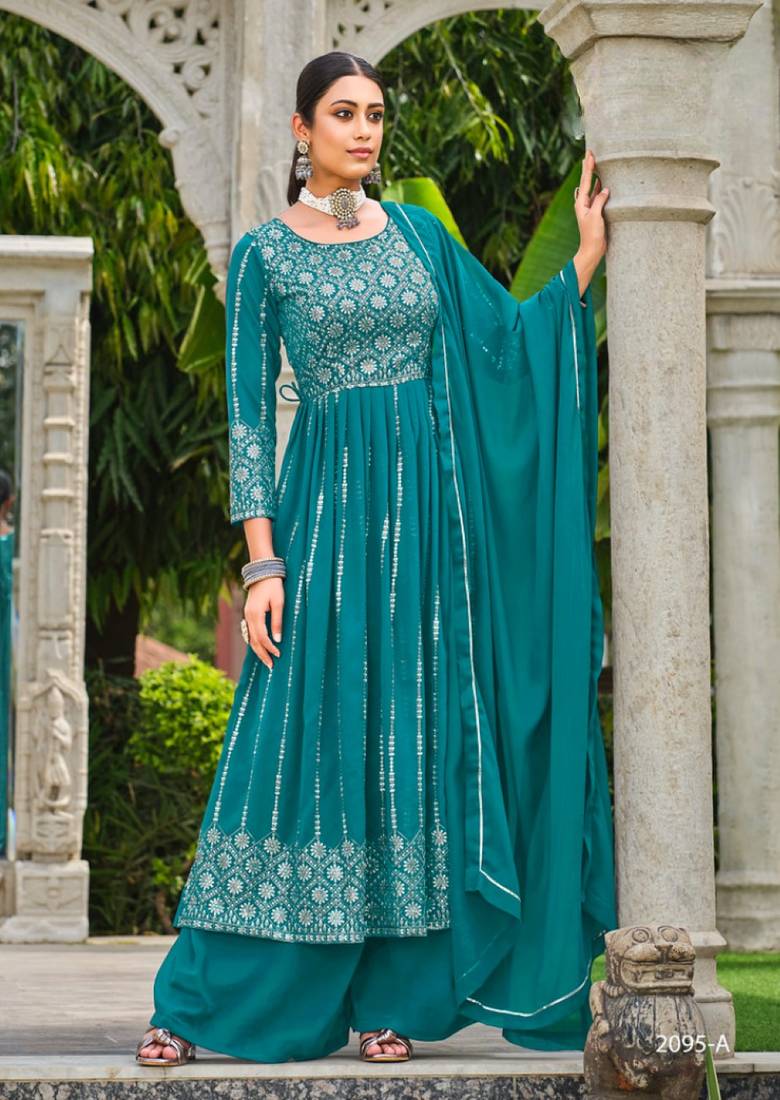 blue faux georgette embroidered sequins & mirror work palazzo suit