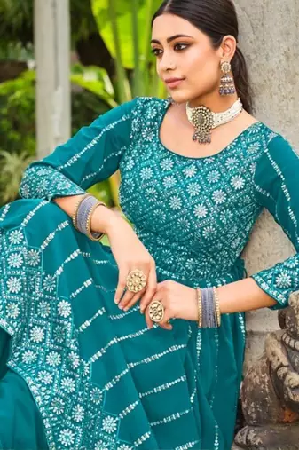 blue faux georgette embroidered sequins & mirror palazzo suit