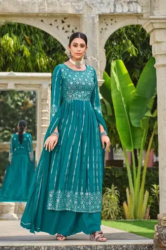 blue faux georgette embroidered sequins & mirror palazzo suit