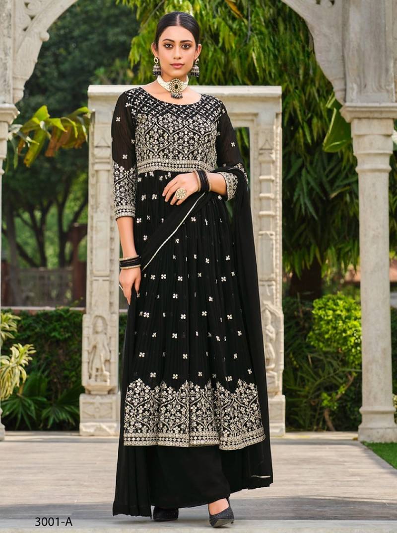black faux georgette embroidered sequins & mirror work palazzo suit